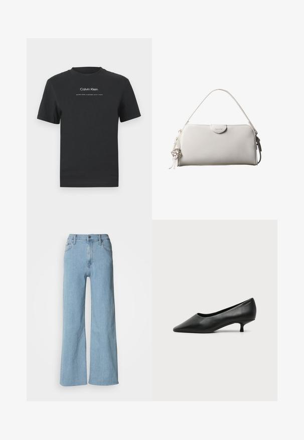 T-shirt en coton noir avec un col rond, des manches courtes, et un logo "Calvin Klein" imprimé en blanc ainsi que le texte "Established 1968".; Jeans en denim bleu clair à jambes larges, avec une taille cintrée, un design à cinq poches et des détails de couture subtils.; Escarpin femme en cuir noir à petit talon, bout pointu et petit talon kitten sur fond clair uni.; Sac à main rectangulaire blanc Calvin Klein avec une seule poignée, design minimaliste et pampilles décoratives avec un charm métallique géométrique sur le côté.