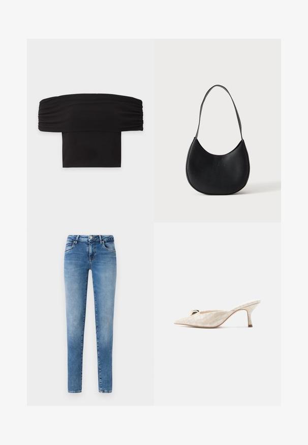 Čierny crop top bez ramien s nariasenými krátkymi rukávmi a rovným výstrihom na jednoduchom svetlom pozadí.; Modré riflové džínsy so štíhlym strihom, s päťvreckovým dizajnom a zapínaním na gombík. Tkanina má mierne vyblednutú textúru.; Béžové lodičky na opätku so zapínaním okolo päty z lesklej kože s špicatou špičkou, s prešívanou textúrou a malým zlatým detailom na prednej časti.; Čierna kožená taška na rameno v tvare polmesiaca s jedným remienkom a jemne vyrazeným názvom značky na jednoliatom svetlom pozadí.