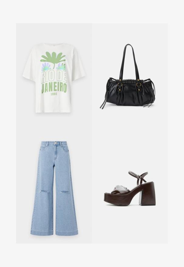 T-shirt blanc à manches courtes avec un graphique vert et lavande représentant des feuilles de palmier et le texte "RIO DE JANEIRO 1995" en lettres grasses.; Jeans taille haute bleu clair à jambes larges, dotés de deux poches avant et de deux détails de genoux déchirés, fabriqués en matériau denim.; Sandale plateforme en cuir marron foncé avec talon bloc épais, bout ouvert et bride réglable à la cheville avec boucle métallique.; Sac à main en cuir noir avec une forme arrondie, deux poignées, des accents en matériel décoratif et des détails de liens sur les côtés. Texture lisse et brillante.