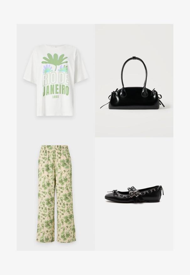 T-shirt blanc à manches courtes avec un graphique vert et lavande représentant des feuilles de palmier et le texte "RIO DE JANEIRO 1995" en lettres grasses.; Pantalons larges à imprimé floral avec une taille élastique ; présentent des feuilles vertes sur un fond beige et une finition en tissu texturé.; Chaussure de ballet plate noire avec doubles brides à boucle, œillets argentés et petit nœud près de l’orteil arrondi sur fond blanc.; Petit sac à main noir brillant avec deux longues anses et des détails à cordon sur les côtés sur un fond clair uni.