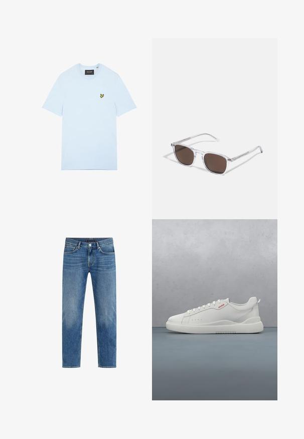 Hellblaues Baumwoll-T-Shirt mit Rundhalsausschnitt, mit einem kleinen gelben Vogel-Logo auf der linken Brust gestickt. Kurze Ärmel, unifarben.; Hellblaue Denim-Jeans mit geradem Bein, ausgewaschenem Look, fünf Taschen, kontrastierender Nähte und einem vorderen Knopfverschluss.; Weiße Sneaker aus glattem Leder, runde Spitze, vier Ösen, dezente Perforationen und ein rotes Logodetail an der Seite.; Klarer Kunststoff-Sonnenbrillen mit rechteckigen braunen Gläsern, ausgestattet mit dünnen, transparenten Bügeln und Metallakzenten an den Schläfen.