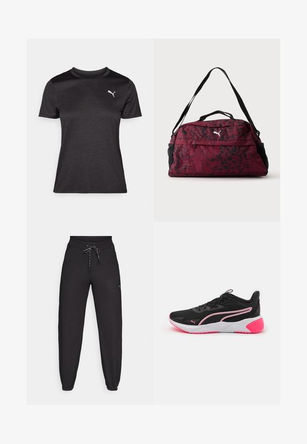Camiseta deportiva negra de manga corta, con escote redondo y un logo blanco en el pecho. Textura suave y forma ajustada.; Pantalones jogger negros hechos de un material suave y elástico, con una cintura elástica ajustable, bolsillos laterales y puños ajustados en los tobillos.; Zapatillas deportivas negras con parte superior de malla, acentos rosas, media suela blanca y un logo distintivo. Presenta un diseño ligero y suela texturizada.; Bolsa deportiva roja y negra con manchas, con bolsillo frontal con cremallera, bolsillos laterales de malla negra, asas dobles y correa de hombro ajustable.
