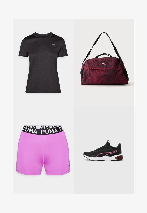 Sort atletisk T-shirt med korte ærmer, rund halsudskæring og et hvidt logo på brystet. Glat tekstur og tætsiddende form.; PUMA lyserøde træningsshorts med en sort elastik i taljen med logoet. Stoffet er glat og strækbart, designet til komfort og bevægelighed.; Sorte atletiske sneakers med en mesh-overdel, pink detaljer, hvid mellemsål og gummisål. Har et sikkert snørebånd design og polstret krave.; Rød og sort sportstaske med pletter, med frontlynlåslomme, sorte netlommer i siderne, dobbelte håndtag og justerbar skulderstrop.