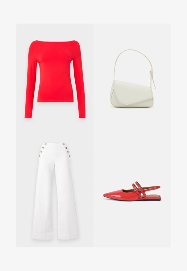 Camiseta roja de manga larga con escote barco, fabricada en suave tejido de algodón. Diseño simple, forma ajustada y de un solo color sin patrones.; Pantalones de pierna ancha blancos, hechos de algodón, con grandes botones decorativos a los lados, con una textura suave y costuras limpias.; Zapatos planos de charol rojo con talón abierto y puntera puntiaguda, con dos finas correas cruzadas y un diseño minimalista. Suela plana negra.; Bolso de mano de imitación cuero blanco con una forma triangular estructurada, correa ajustable única y cierre con solapa acentuada en curva.