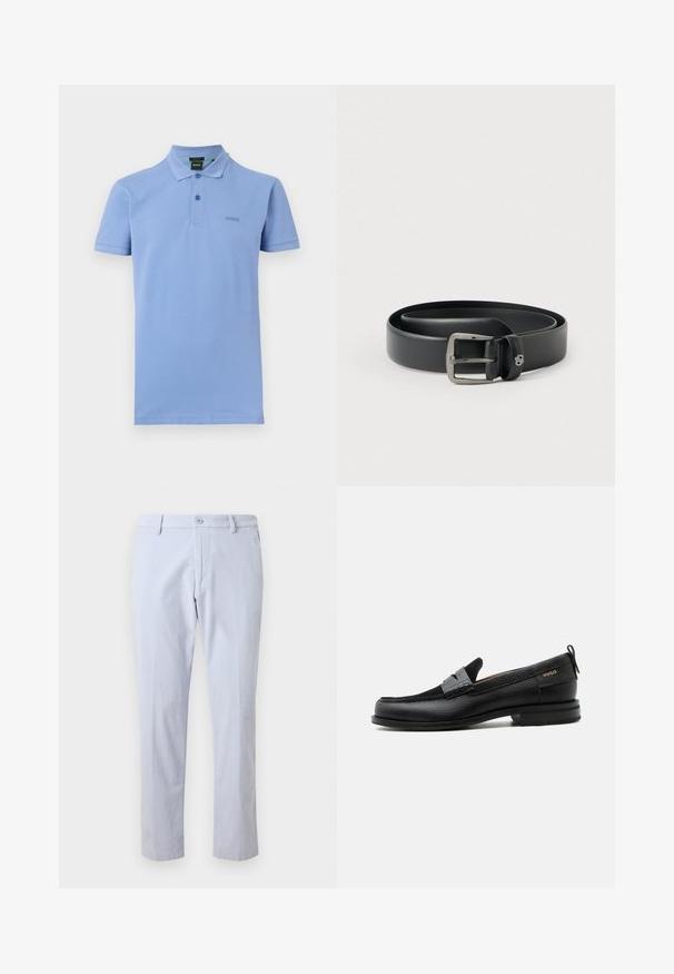 Polo bleu clair à manches courtes avec col et deux boutons, arborant un petit logo "BOSS" discret sur le côté gauche de la poitrine.; Pantalon en coton bleu clair à coupe droite, avec une fermeture à boutons et des poches latérales, texture lisse et fines rayures verticales.; Mocassin en cuir noir avec détail de bride grise, talon bas et semelle texturée, marqué "HUGO" en or sur le côté.; Ceinture en cuir noir avec une boucle en métal argenté brillante, texture lisse et bords cousus. Dispose d'une boucle pour fixer l'extrémité de la ceinture.