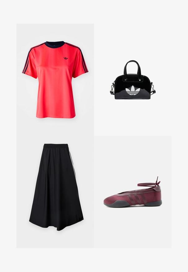 Rød sports t-shirt med korte ærmer, der har lodrette striber, en marineblå rund hals og et lille sort logo på forsiden.; Sorte bukser med vidde i benene, elastisk talje og hvide sidestriber, vist mod en simpel hvid baggrund.; Burgunderfarvet balletsko med sort sål, elastiske ankelstropper bundet i sløjfe og syninger på siderne, vist fra ydersiden.; Sort patentlæder håndtaske med rund form, to top-håndtag, sølvdetaljer og en fremtrædende hvid logo på fronten.