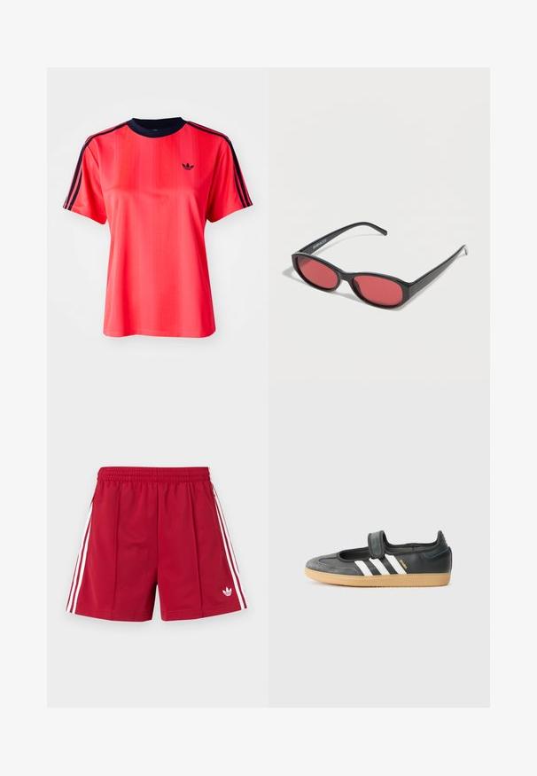 Rode sportieve t-shirt met korte mouwen, voorzien van verticale strepen, een marineblauwe ronde hals en een klein zwart logo op de voorkant.; Rode atletische shorts met elastische tailleband, witte zijstrepen, zakken met rits en een klein wit Adidas-logo op het voorste linkerbeen.; Zwarte leren en suède sneaker met een klittenbandsluiting, voorzien van drie witte strepen en een gumzool, met de naam "SAMBA" aan de zijkant.; Zwarte ovale zonnebril met slanke pootjes en rood getinte glazen, rustend op een witte ondergrond.