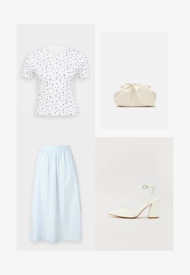 T-shirt blanc à manches courtes avec un petit imprimé floral dans des tons de bleu. Le tissu a une texture côtelée et un col rond classique.; Jupe midi à rayures verticales bleu clair et blanc avec une ceinture froncée et une coupe ample et fluide.; Sandale blanche à talon avec un bout pointu, sangle de cheville réglable et un talon carré épais. Texture lisse avec des détails de couture minimaux.; Pochette en cuir souple couleur crème avec un design froncé et une fine bandoulière reposant à l’avant sur un fond uni.