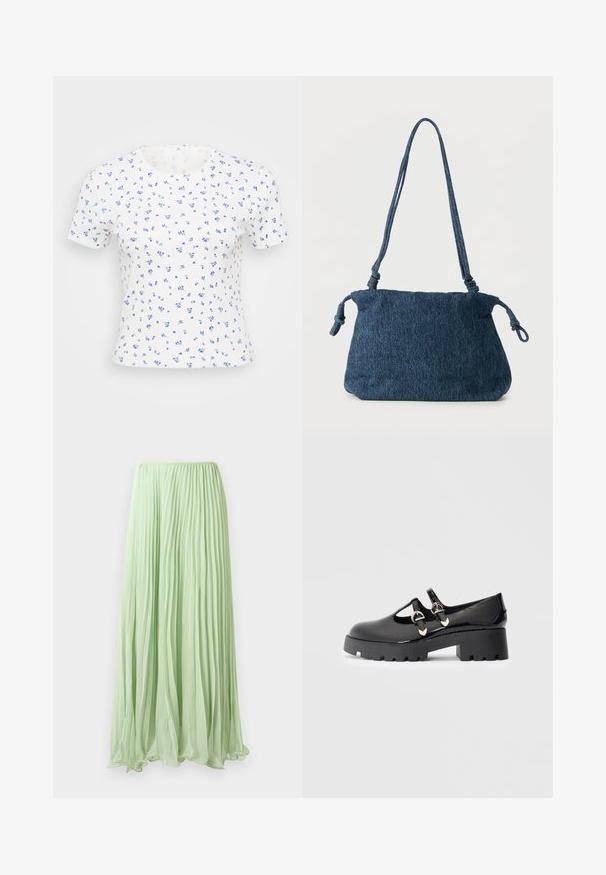 Witte T-shirt met korte mouwen met een kleine bloemenprint in blauwtinten. De stof heeft een geribbelde textuur en een klassieke ronde hals.; Lichtgroene geplooide lange rok van lichte stof met elastische tailleband, weergegeven tegen een witte achtergrond.; Zwarte gepatineerde leren Mary Jane schoen met chunky zool en twee zilveren gespbanden, zijaanzicht op een neutrale achtergrond.; Donkerblauwe spijkerstof schoudertas met knoopdetails aan de band en een eenvoudig rechthoekig ontwerp tegen een witte achtergrond.