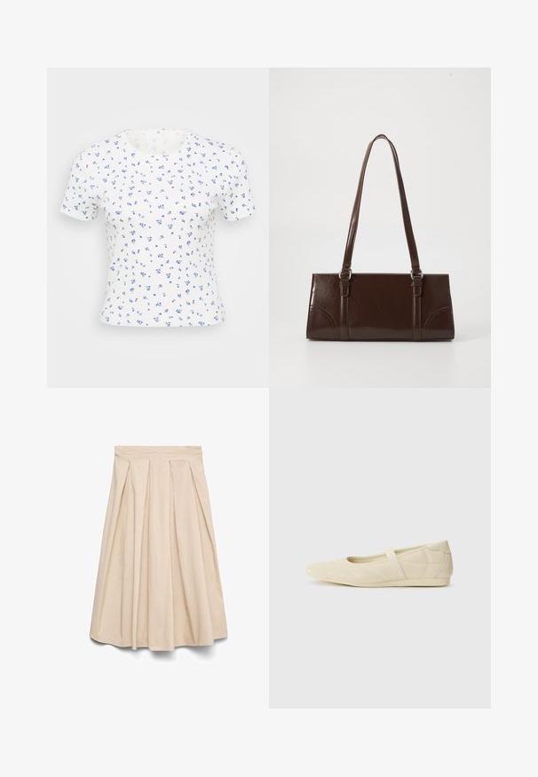 T-shirt blanc à manches courtes avec un petit imprimé floral dans des tons de bleu. Le tissu a une texture côtelée et un col rond classique.; Jupe midi beige avec taille haute et plis devant, silhouette évasée et tissu lisse.; Ballerines beiges avec une exterior en cuir lisse, un bout en forme d'amande et une sangle élastique sur le coup de pied, avec des détails de couture subtils.; Sac à main en cuir verni marron de forme rectangulaire, avec deux longues poignées et des accents courbés subtils à l'avant.