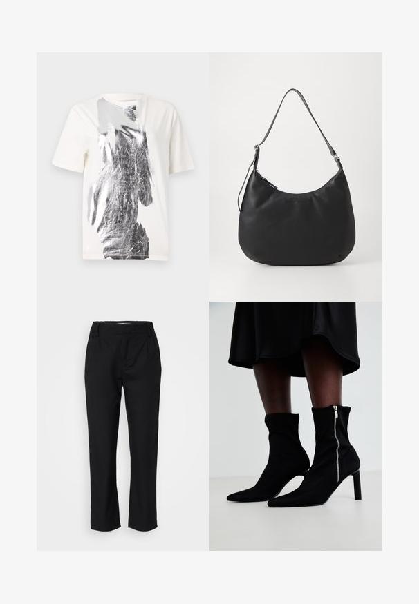 T-shirt en coton blanc avec un imprimé graphique abstrait argenté sur le devant, col rond et manches courtes. Texture lisse.; Pantalon noir en tissu lisse, avec une coupe droite, des plis sur le devant et une taille élastique pour le confort. Pas de matériel visible.; Bottines noires avec un corps en tissu extensible, un bout pointu et une fermeture éclair sur le côté, montées sur un talon slim et haut.; Sac hobo noir en matériau lisse et durable. Comprend une seule sangle réglable et un logo embossé subtil à l'avant.