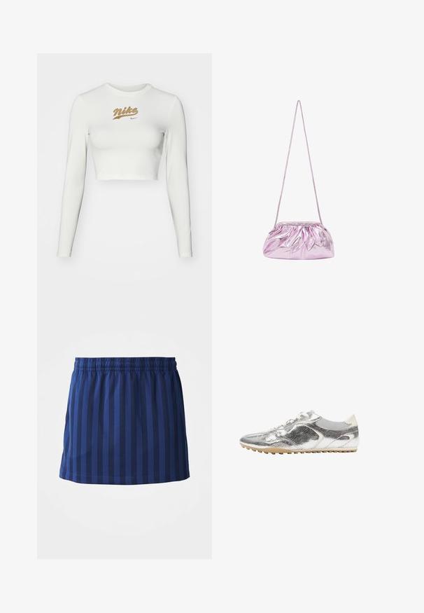 Pitkähihaista valkoista crop-topia, joka on valmistettu sileästä kankaasta. Siinä on kultainen Nike-logo painettuna rintaan ja klassinen pyöreä kaula-aukko.; Tummansininen hame, jossa on pystysuorat raidat, elastinen vyötärö, hartialle saakka ulottuva pituus, valmistettu kevyestä kankaasta, sileä rakenne.; Hopeanvärinen metallinen matalakärkinen tennari, jossa valkoiset nauhat, teksturoidut pinnat ja beige kumipohja, jossa pienet tartuntapinnat.; Metallinen vaaleanpunainen olkalaukku kerätyllä muotoilulla ja säädettävällä hihnalla. Sujuva pinta kiiltävällä pinnalla. Kompakti muoto ja yläosasta avattava.