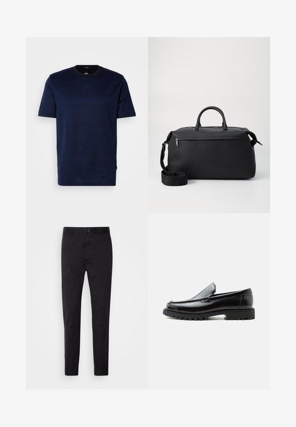 Camiseta de manga corta azul marino con un sutil patrón de rayas y cuello redondo. Fabricada en tejido suave, cuenta con una pequeña etiqueta con el logotipo en el lateral.; Chinos negros con una textura suave, cierre de botón y diseño ajustado. Ideales para un look casual o semi-formal.; Mocasín de cuero negro con suela de goma gruesa, empeine cosido y nombre de la marca en relieve en el talón, mostrado en perfil lateral sobre fondo blanco.; Bolsa de viaje de cuero negro con dos asas superiores, una correa de hombro desmontable y un bolsillo frontal con cremallera para almacenamiento adicional.