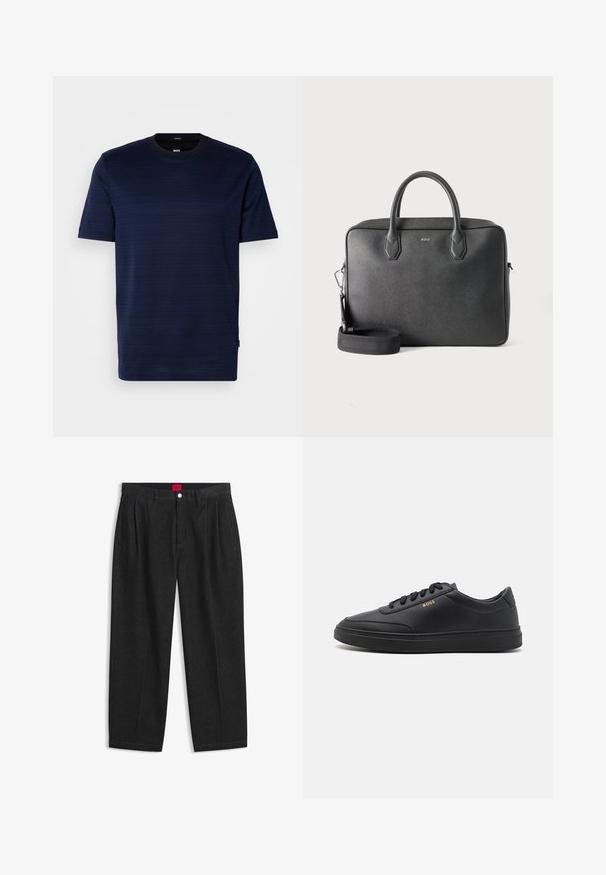 Camiseta de manga corta azul marino con un sutil patrón de rayas y cuello redondo. Fabricada en tejido suave, cuenta con una pequeña etiqueta con el logotipo en el lateral.; Pantalones negros de talle alto con pliegues delanteros, trabillas para cinturón, cierre con botón y cremallera, y una etiqueta roja en el interior de la cintura.; Zapatillas de cuero negro con una textura suave, punta redondeada, suela plana de goma y cordones a tono. Presentan el logotipo dorado "BOSS" en el lateral.; Maletín de cuero negro con dos asas superiores, correa de hombro desmontable y pequeño logo BOSS en el centro delantero sobre fondo liso.