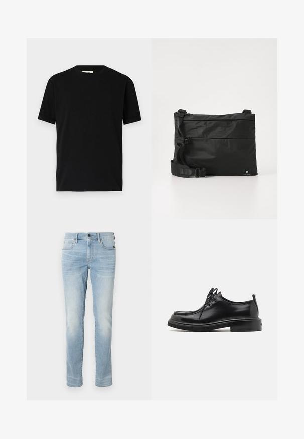 Camiseta negra de manga corta hecha de algodón con un cuello redondo y un corte holgado. Textura suave, sin patrones ni logotipos visibles.; Jeans ajustados de color azul claro con botón frontal, cremallera y diseño de cinco bolsillos, exhibidos sobre un fondo blanco liso.; Calvin Klein LACE UP APRON BRUSH OFF - Zapatos de vestir - black; Bolso mensajero de nylon negro con correa ajustable, diseño plano y una etiqueta lateral con un logo. Textura suave y estilo minimalista.