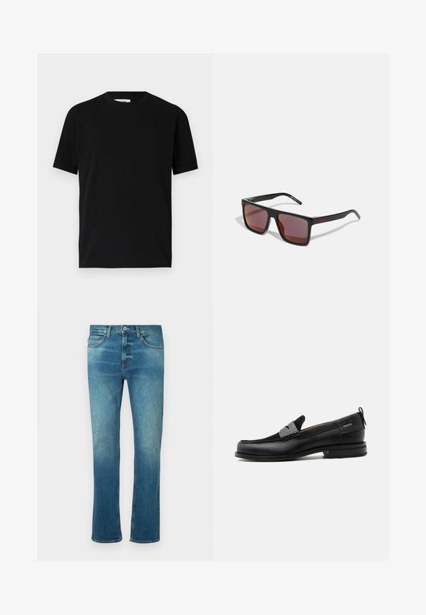 T-shirt noir à manches courtes en coton avec un col rond et une coupe ample. Texture lisse, sans motifs ni logos visibles.; Jean en denim bleu avec une coupe droite, présentant une finition délavée, des distresses légères au niveau des genoux et un design classique à cinq poches.; Mocassin en cuir noir avec détail de bride grise, talon bas et semelle texturée, marqué "HUGO" en or sur le côté.; Lunettes de soleil rectangulaires noires avec des verres rouge foncé, présentant une finition mate et un logo rouge sur la branche. Monture en plastique robuste.