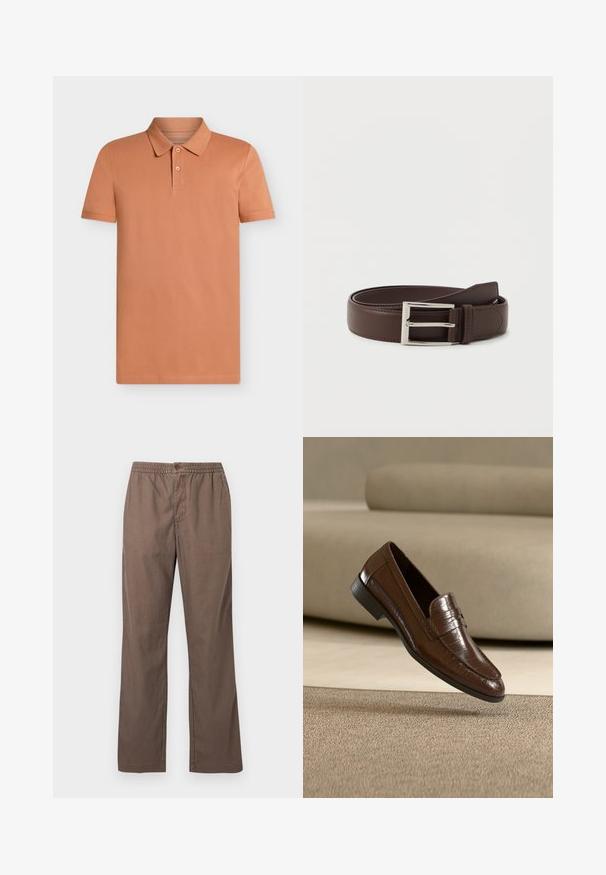 Polo pour hommes à manches courtes de couleur orange doux unie, avec patte de boutonnage à deux boutons et col classique, sur un fond uni.; Pantalon casual marron avec taille élastique, fermeture à bouton, jambes droites et poches avant, présenté sur un fond blanc uni.; Mocassin en cuir marron avec un motif texturé flottant au-dessus d'un tapis beige avec un canapé beige assorti en arrière-plan.; Ceinture en cuir marron foncé avec une boucle rectangulaire en argent, soigneusement enroulée sur un fond blanc uni.