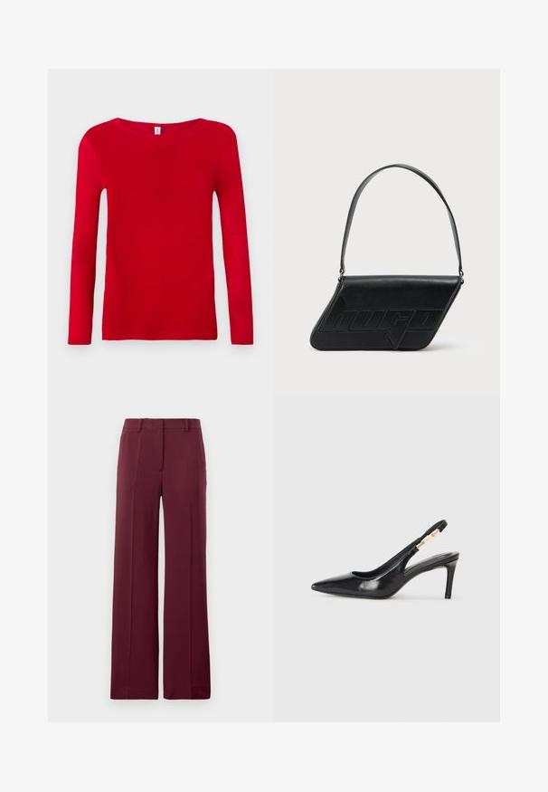Rød langærmet T-shirt lavet af blød bomuld. Har en rund halsudskæring og en slim fit, med en glat tekstur og uden synlige mønstre.; Burgundy vide bukser lavet af glat stof, med flad front, bæltesløjfer og et skræddersyet design med foldede detaljer.; Sort læder slingback højhælede sko med spidse tæer, glat overflade og en smal ankelrem med guldfarvede hardware detaljer.; Sort skuldertaske i læder med trekantet form, præget logo og en enkelt justerbar rem. Minimalistisk design med glat tekstur.