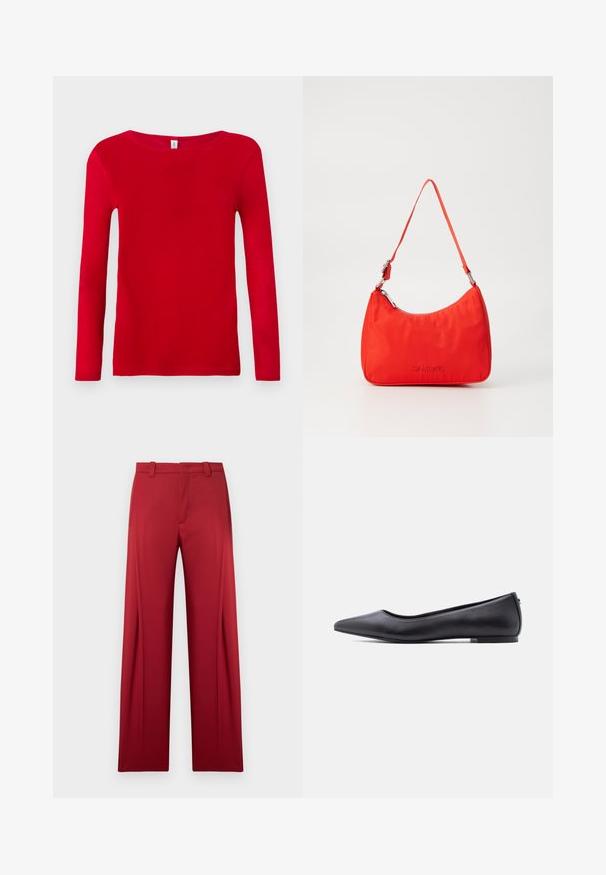 Camiseta roja de manga larga hecha de suave algodón. Presenta un escote redondeado y un ajuste ceñido, con una textura suave y sin patrones visibles.; Pantalones rojos a medida con diseño de pierna recta, trabillas para cinturón y bolsillos laterales. Tejido de textura suave sin patrones visibles ni elementos metálicos.; Zapato plano de cuero negro con punta puntiaguda y tacón bajo, mostrado de perfil contra un fondo blanco.; Bolso de mano de nylon rojo con una silueta curva, una sola correa, herrajes plateados y detalle de logo en relieve en la parte frontal. Textura suave.