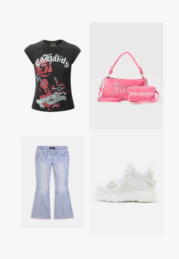 T-shirt negro de manga corta con grandes rosas rojas y un gráfico de un corazón que incluye el texto "Ed Hardy" y "LOVE ETERNAL" en acentos blancos y azules.; Vaqueros acampanados azul claro con bolsillos delanteros y traseros, cierre de doble botón y costuras visibles en toda la prenda.; Zapatilla blanca gruesa con suela gruesa y detalles decorativos de mariposas 3D en el lateral, los cordones y el talón.; Dos bolsos rosas de Juicy Couture, uno más grande con letras de cristal y un asa, y otro más pequeño con letras blancas y una correa para la muñeca, sobre un fondo gris.