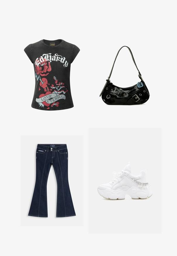 Schwarzes Kurzarm-T-Shirt mit großen roten Rosen und einem Herz-Graphic, versehen mit dem Text "Ed Hardy" und "LOVE ETERNAL" in weißen und blauen Akzenten.; Dunkelblaue ausgestellte Jeans mit weißen Nähten, Vordertaschen, Gürtelschlaufen und zwei silbernen Knöpfen am Bund.; Weißer klobiger Sneaker mit dicker Sohle, Schnürsenkeln vorne und Kettendetail mit hängenden Perlen an der Ferse.; Schwarze Lackleder-Handtasche mit geschwungener Form, ausgestattet mit silbernem Beschlag, dekorativen Schnallen und einem kurzen Griff. Blaue Anhängeschild befestigt.