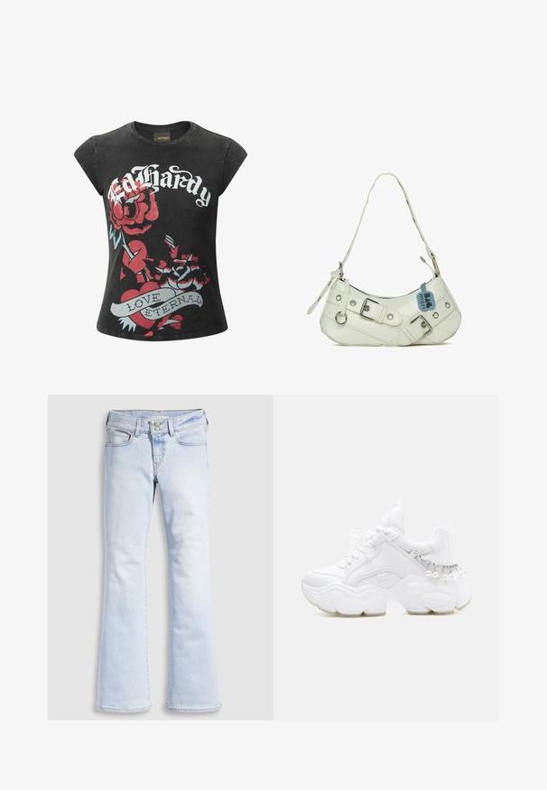 T-shirt negro de manga corta con grandes rosas rojas y un gráfico de un corazón que incluye el texto "Ed Hardy" y "LOVE ETERNAL" en acentos blancos y azules.; Jeans acampanados de mezclilla azul claro con cintura alta, con cierre de botón, cinco bolsillos y sutiles detalles de desgaste en las caderas.; Zapatilla blanca de estilo grueso con suela gruesa, cierre de cordones en la parte frontal y detalle de cadena con perlas colgantes en el talón.; Bolso sintético blanco con silueta curva, correa ajustable, hebilla decorativa, herrajes plateados y una etiqueta azul adjunta.
