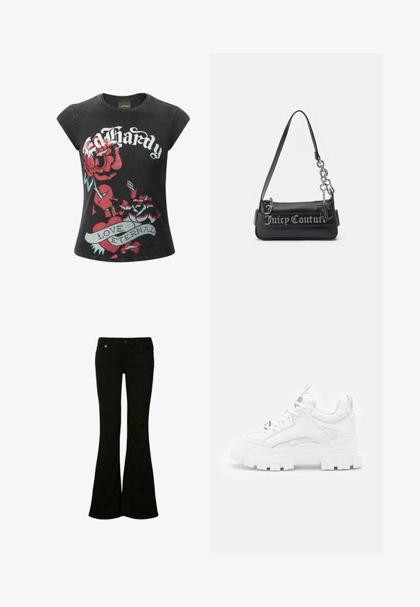 T-shirt negro de manga corta con grandes rosas rojas y un gráfico de un corazón que incluye el texto "Ed Hardy" y "LOVE ETERNAL" en acentos blancos y azules.; Jeans acampanados negros hechos de una mezcla de algodón; cuentan con una cintura ajustada, bolsillos frontales y un diseño clásico de cinco bolsillos.; Zapatillas deportivas blancas y gruesas con un revestimiento texturizado, cuello acolchado y suela gruesa y estriada. Presentan cordones negros en contraste y un detalle de marca.; Bolso de mano negro hecho de material sintético texturizado. Presenta una correa de cadena y el logo plateado "Juicy Couture" destacado en la parte frontal.