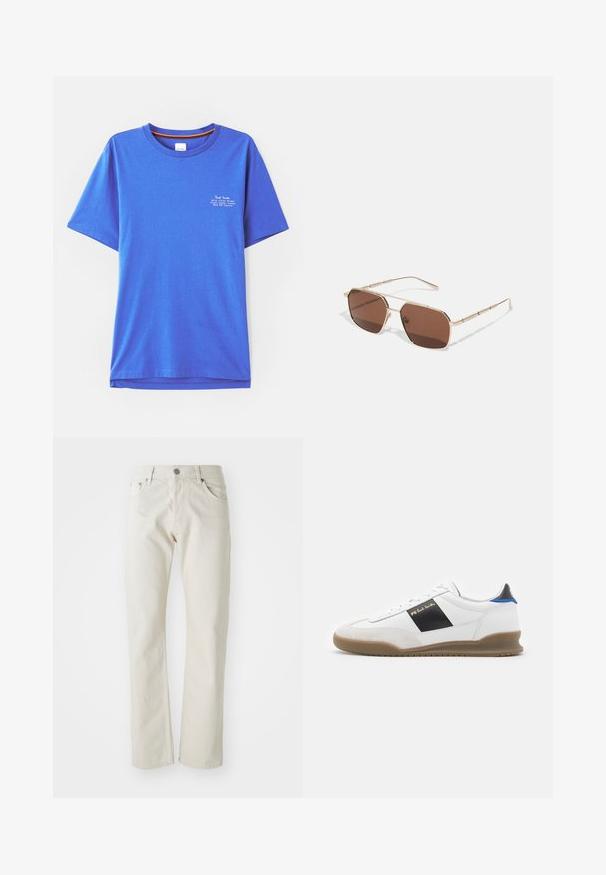 Blaues Baumwoll-T-Shirt mit kurzen Ärmeln und Rundhalsausschnitt, mit weißem Drucktext auf der oberen linken Seite. Glatte Textur und lockere Passform.; Helle beige Jeans aus Baumwolle mit geradem Bein, fünf Taschen und silbernem Metallknopfverschluss.; Weißer Sneaker mit schwarzen und blauen Akzenten, Obermaterial aus Wildleder und Leder, runde Zehenform, flache Gummisohle und goldfarbene Marken-Details an der Seite.; Braune Sonnenbrille mit goldfarbenem Metallrahmen, rechteckigen Gläsern und detaillierten Schläfenakzenten. Besitzt ein minimalistisches geometrisches Design.