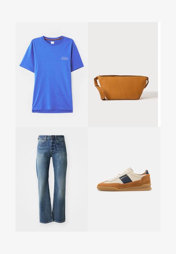 Blauwe katoenen t-shirt met korte mouwen, ronde hals, met witte bedrukte tekst op de bovenkant links. Glad textuur en een ontspannen pasvorm.; Denim jeans in een licht tot gemiddeld blauwe kleur, met een recht gesneden pijp, klassiek vijf-pocket ontwerp en subtiele vervaging aan de voorkant.; PS Paul Smith DOVER - Sneakers laag - cognac/off-white; Lichtbruine leren crossbodytas met verstelbare band en ritssluiting, getoond tegen een effen lichte achtergrond.