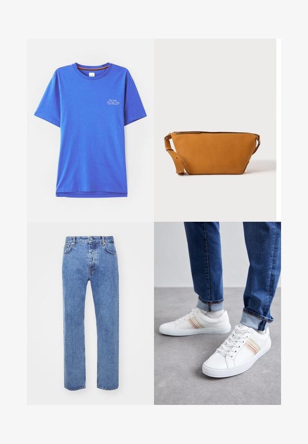 Blauwe katoenen t-shirt met korte mouwen, ronde hals, met witte bedrukte tekst op de bovenkant links. Glad textuur en een ontspannen pasvorm.; Won Hundred STEVE - Relaxed fit jeans - cut blue; Witte leren sneakers met meerkleurige strepen, vetersluiting, rubberen zool en gevoerd kraagje, gecombineerd met blauwe spijkerbroek.; Lichtbruine leren crossbodytas met verstelbare band en ritssluiting, getoond tegen een effen lichte achtergrond.
