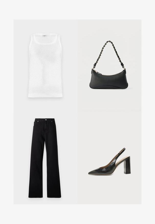Débardeur en maille blanche avec un design texturé et respirant, col rond et bretelles larges. Pas de marquage visible.; Jean large noir en denim avec un design à cinq poches, fermeture à bouton à l'avant et détails de couture subtils.; Chaussure slingback en cuir noir à bout pointu avec un talon bloc haut et une doublure intérieure beige sur un fond clair uni.; Sac à bandoulière en cuir noir de forme rectangulaire incurvée, avec une chaîne dorée tissée dans la bandoulière noire tressée et une fermeture éclair sur le dessus.