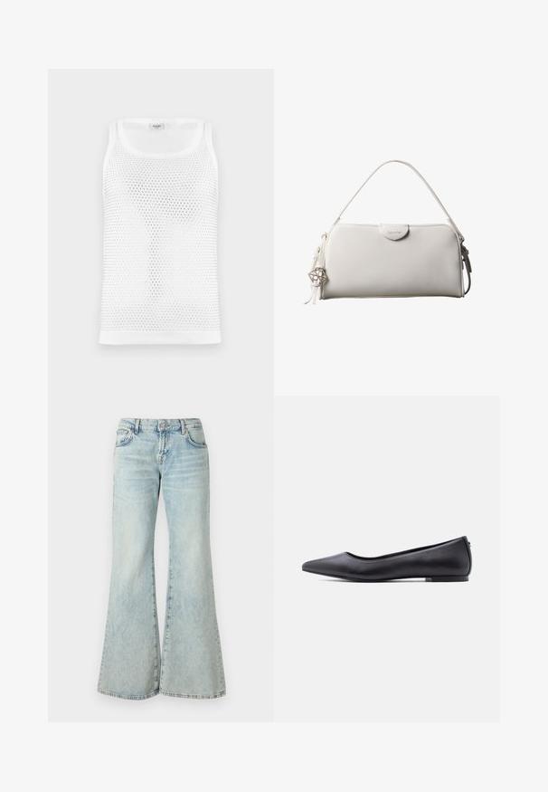 Débardeur en maille blanche avec un design texturé et respirant, col rond et bretelles larges. Pas de marquage visible.; Jeans évasés bleu clair en denim, avec une taille haute, des poches et des ourlets effilochés. Le tissu présente un délavage usé et une texture subtile.; Chaussure plate en cuir noire à bout pointu avec petit talon, vue de profil sur fond blanc.; Sac à main rectangulaire blanc Calvin Klein avec une seule poignée, design minimaliste et pampilles décoratives avec un charm métallique géométrique sur le côté.