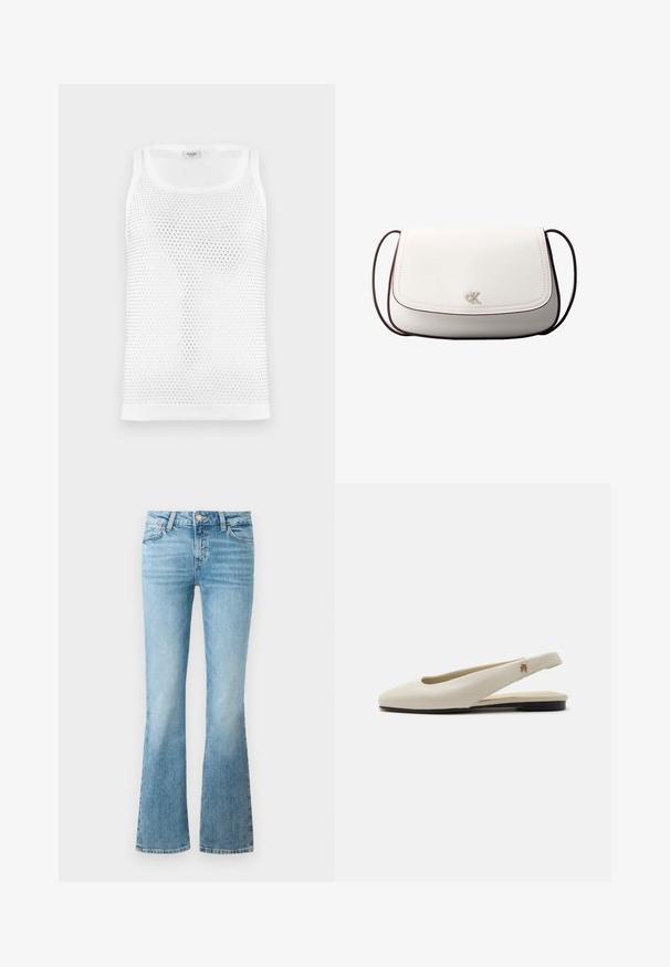 Débardeur en maille blanche avec un design texturé et respirant, col rond et bretelles larges. Pas de marquage visible.; Jean flare en denim bleu clair avec poches avant, passants de ceinture et fermeture à bouton.; Chaussure plate slingback en cuir couleur crème avec un bout arrondi et un petit emblème doré sur la bride.; Sac bandoulière blanc avec fermeture à rabat, petit logo "cK" argenté centré, et fine sangle réglable marron foncé.