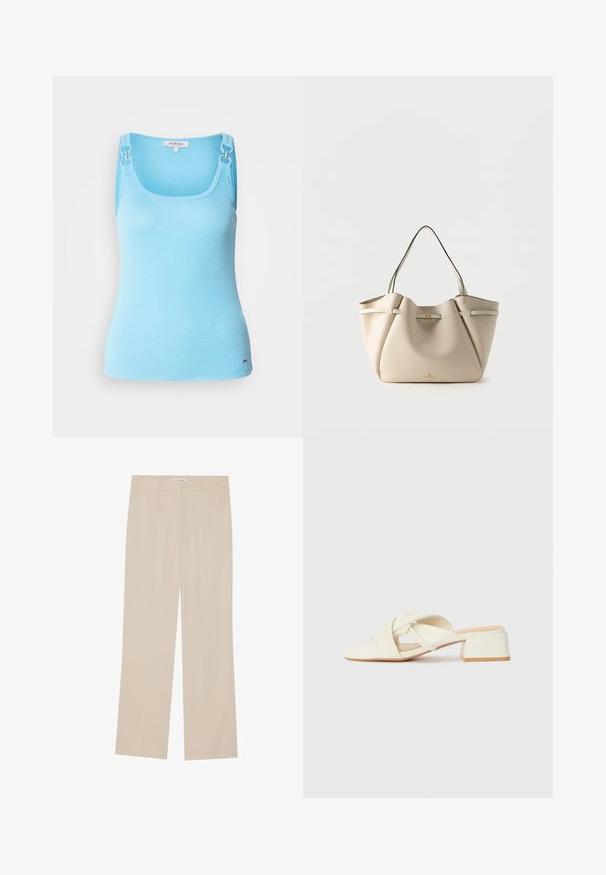 Top sin mangas ajustado de color azul claro, hecho de material elástico. Presenta herrajes plateados en las tirantes y un escote cuadrado. Textura suave.; Pantalones de pierna ancha beige con una textura suave, que presentan un corte entallado, dos bolsillos frontales y un sutil detalle de pliegue a lo largo de las piernas.; Sandalias de tacón bloque color crema con correas retorcidas y una base plana para los dedos. Material sintético suave con un acabado mate.; Bolso tote de cuero beige con dos asas para el hombro y un pequeño detalle de cierre dorado en la parte delantera, mostrado sobre un fondo blanco liso.