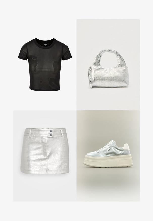 T-shirt noir cropped en tissu transparent, avec des manches courtes et un col rond. Surface texturée et garniture solide contrastante.; Jupe en cuir synthétique argenté avec un motif crocodile texturé, dotée de deux accents de boutons bleus et d'un design ajusté.; Baskets à plateforme épaisses avec dessus argent métallisé, lacets blancs et semelle épaisse texturée crème, présentées en profil sur fond neutre.; Sac à main argenté avec un motif texturé de formes géométriques et de cercles, doté d'une poignée arrondie et d'une bandoulière amovible.