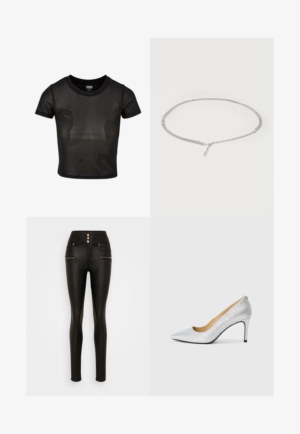 Camiseta corta negra hecha de tela translúcida, con mangas cortas y escote redondo. Superficie texturizada y dobladillo sólido en contraste.; Vero Moda Tall VMDONNA - Pantalones - black; Zapato de tacón alto plateado con brillos, punta afilada y forro interior suave. El tacón es delgado, realzando el diseño elegante.; Collar de cadena plateada con pequeños detalles metálicos rectangulares espaciados uniformemente y un cierre ajustable sobre un fondo blanco.