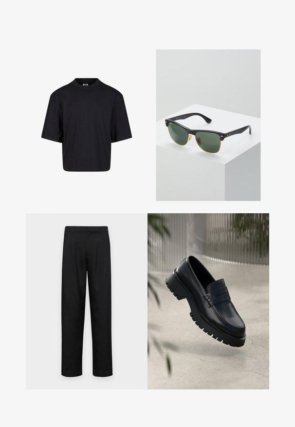 Camiseta de algodón negra con cuello redondo, mangas cortas y un corte holgado. Textura suave y diseño minimalista. Sin logotipos visibles.; Pantalones negros de tela suave, con un diseño de pierna recta, dos pliegues frontales y una cintura estándar con trabillas para el cinturón.; Mocasines de cuero negro con suela gruesa, que presentan una correa decorativa y detalles de costura. Textura suave con un acabado pulido.; Gafas de sol Ray-Ban con lentes verdes, montura de plástico negro y acentos dorados en los bordes. Forma cuadrada con acabado mate.