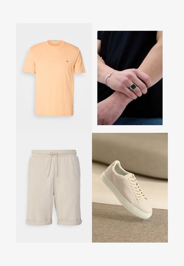 Camiseta de manga corta en algodón color durazno claro, con un pequeño logo azul en el pecho. Cuello redondo con una textura suave.; Pantalones cortos de algodón beige con cinturilla ajustable, dobladillos enrollados y una textura suave. Diseño simple sin patrones visibles ni herrajes.; Zapatilla de ante beige con suela y cordones blancos, mostrada flotando sobre una alfombra de textura beige contra un suave fondo beige.; Persona con una camiseta negra sosteniendo su muñeca izquierda con la mano derecha, mostrando una pulsera de cruz plateada y un anillo plateado con cara negra.