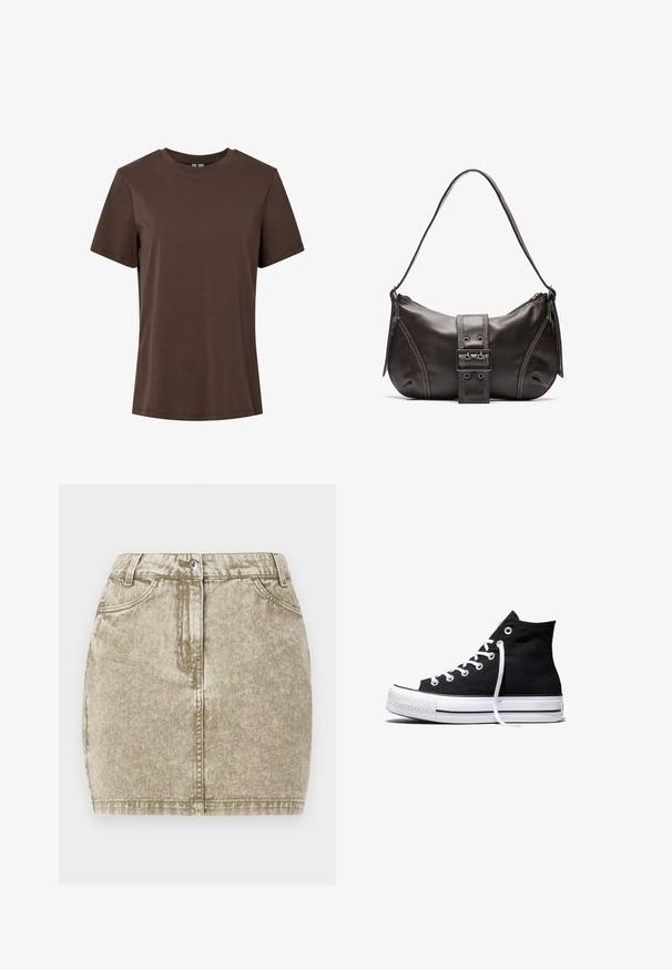 Effen bruine korte mouwen, ronde hals, katoenen T-shirt, weergegeven op een witte achtergrond.; Khaki denim rok met een gestructureerde afwerking, vijf zakken, sluiting met een knop aan de voorkant en gestikte details langs de randen.; Zwarte hooggesloten canvas sneaker met witte rubberen zool en witte veters, zijwaarts weergegeven op een witte achtergrond.; Bruine leren schoudertas met een gebogen vorm, voorzien van een opvallende gespdetail, contrasterende stiksels en een enkele schouderband.