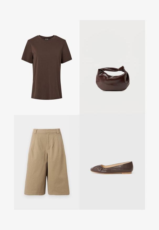 Enkelt brun kortærmet t-shirt i bomuld med rund hals, vist på hvid baggrund.; Beige knælange shorts med bæltestropper, forstykker og skjult lukning foran, lavet af blødt stof.; Brune læder balletflade med en afrundet tå, rynket detaljer foran, og en flad, lysfarvet sål.; Mørkebrun læder skuldertaske med en blød, afslappet form og et snoet knudehåndtag på en ensartet hvid baggrund.
