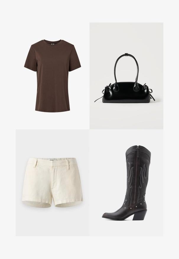 Einfaches braunes Baumwoll-T-Shirt mit kurzen Ärmeln und Rundhalsausschnitt, präsentiert auf weißem Hintergrund.; Helle beige Shorts aus Leinen. Mit flachem Bündchen, Fronttaschen und einem sauberen Saum. Einfaches, minimalistisches Design.; Braune Cowboy-Stiefel aus Leder mit Flammenstickerei, seitlichem Reißverschluss, silbernen Nieten, spitzer Zehenpartie und geschichtetem Absatz.; Kleine schwarze glänzende Handtasche mit zwei langen Griffen und seitlichen Kordelzug-Details vor einfachem hellem Hintergrund.