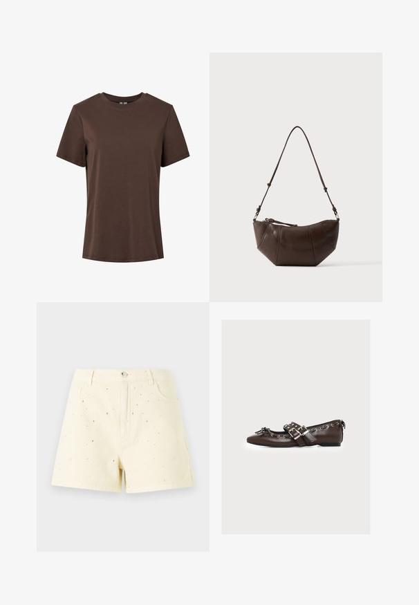 Einfaches braunes Baumwoll-T-Shirt mit kurzen Ärmeln und Rundhalsausschnitt, präsentiert auf weißem Hintergrund.; Gelbe Denim-Shorts mit hoher Taille und lockerer Passform, die vorne mit kleinen silbernen Nieten verziert sind.; Brauner Lederschuh mit flacher Sohle, doppelten silbernen Schnallenriemen, dekorativen Schnürungen an den Rändern und einer kleinen Schleife an der spitzen Schuhspitze.; Braune Leder-Schultertasche mit gewölbtem Boden und verstellbarem Riemen vor einfarbig hellem Hintergrund.
