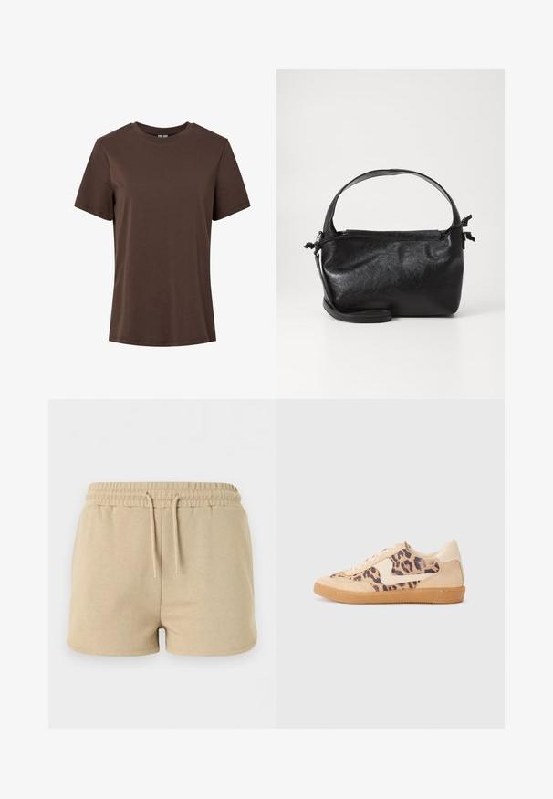 Einfaches braunes Baumwoll-T-Shirt mit kurzen Ärmeln und Rundhalsausschnitt, präsentiert auf weißem Hintergrund.; Beige Baumwoll-Shorts mit elastischem Bund und vorderem Kordelzug, für den Freizeitgebrauch entworfen.; Löwenmuster-Sneaker mit beige Wildleder-Obermaterial, tanfarbener Gummisohle und weißen Akzenten. Runde Zehenform und Schnürdesign mit strukturiertem Finish.; Schwarze Lederhandtasche mit strukturiertem Design, rundem Haltegriff und abnehmbarem Schulterriemen. Sie weist eine glatte Oberfläche und einen subtilen Glanz auf.