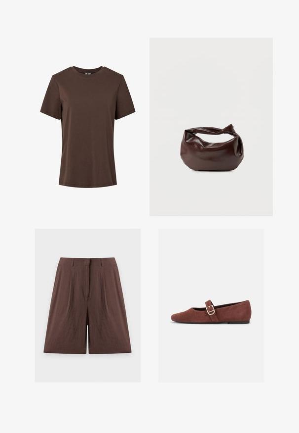 Einfaches braunes Baumwoll-T-Shirt mit kurzen Ärmeln und Rundhalsausschnitt, präsentiert auf weißem Hintergrund.; Braune, hoch taillierte, maßgeschneiderte Shorts mit Gürtelschlaufen, einem vorderen Reißverschluss und weitem Bein auf einfachem hellen Hintergrund.; Brauner Wildleder-Mary-Jane-Flachschuh mit goldener Schnallenriemen und schwarzer Sohle vor weißem Hintergrund.; Dunkelbraune Lederschultertasche mit weicher, lockerer Form und einem gedrehten Knotengriff vor schlichtem weißem Hintergrund.