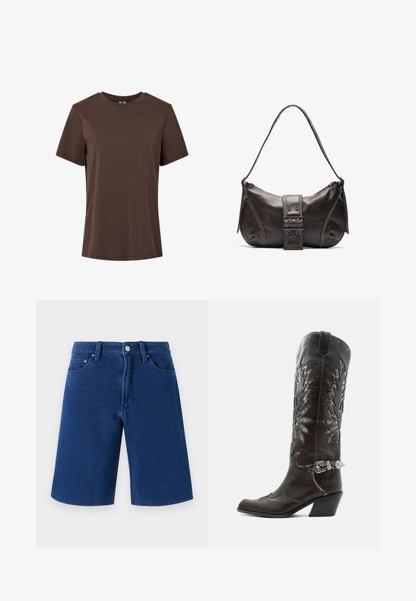 T-shirt en coton marron uni à manches courtes et col rond, présenté sur un fond blanc.; Shorts en denim bleu avec une coupe droite, design à cinq poches, et une taille visible avec un bouton en métal et des passants de ceinture.; Botte de cowboy en cuir noir avec découpes décoratives, boucle argentée et talon incliné, présentée sur fond blanc.; Sac à épaule en cuir marron avec une forme courbée, présentant un détail de boucle proéminent, des coutures contrastantes et une seule bandoulière.