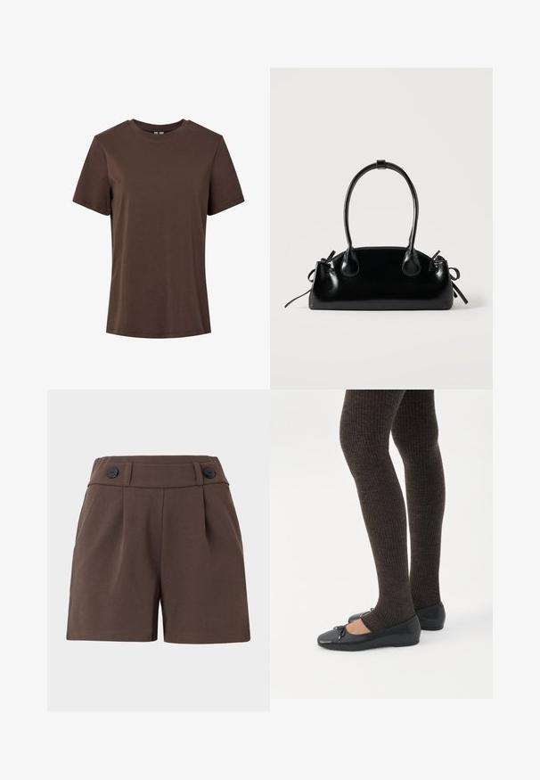 Enkelt brun kortærmet t-shirt i bomuld med rund hals, vist på hvid baggrund.; Brune shorts lavet af en struktureret stof med høj talje, plisseringer og to sorte knapper foran. Skræddersyet design med sidelommer.; Ben iført mørke ribbede leggings kombineret med sorte balletsko med små sløjfedetaljer på hvid baggrund.; Lille sort blank håndtaske med to lange håndtag og snøre-detaljer i siden på en ensfarvet lys baggrund.