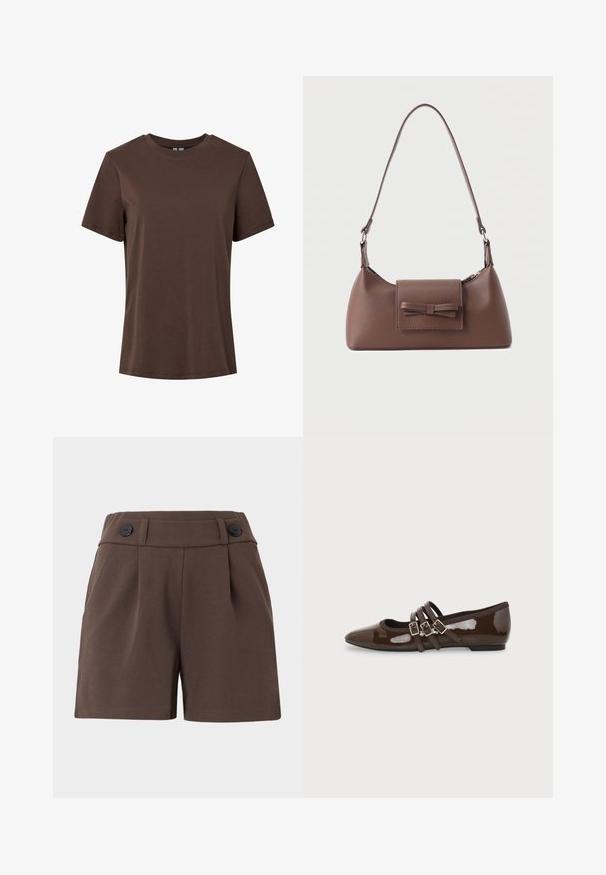 Enkelt brun kortærmet t-shirt i bomuld med rund hals, vist på hvid baggrund.; Brune shorts lavet af en struktureret stof med høj talje, plisseringer og to sorte knapper foran. Skræddersyet design med sidelommer.; Brun laklæder flad sko med spids tå og tre justerbare spænder på siden, vist fra ydersiden.; Brun skuldertaske i læder med en frontlomme med klap, der har en sydd sløjfedetalje, og en justerbar rem.