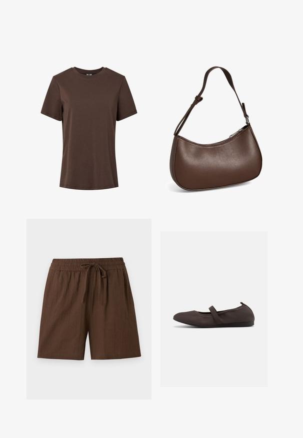 Einfaches braunes Baumwoll-T-Shirt mit kurzen Ärmeln und Rundhalsausschnitt, präsentiert auf weißem Hintergrund.; Braune freizeithosenähnliche Shorts mit elastischem Bund und Kordelzug, aus leichtem Stoff, geeignet für warmes Wetter.; Brauner Ballettschuh mit elastischem Riemen und abgerundeter Spitze, seitliche Ansicht vor weißem Hintergrund.; Kleine braune Lederschultertasche mit verstellbarem Riemen und Reißverschluss, vor weißem Hintergrund. Kein sichtbares Branding oder Verzierung.
