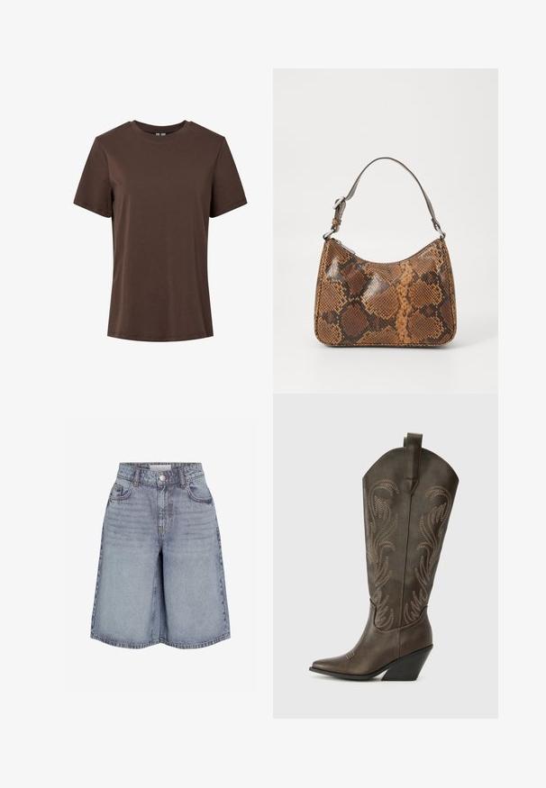 Einfaches braunes Baumwoll-T-Shirt mit kurzen Ärmeln und Rundhalsausschnitt, präsentiert auf weißem Hintergrund.; Hellblaue Denim-Shorts mit hoher Taille, vorderem Knopf, Reißverschluss, Gürtelschlaufen und Fünf-Taschen-Design.; Braune Leder-Cowboystiefel mit einer spitzen Zehe, Wedge-Absatz und dekorativer Stickerei. Besitzt einen hohen Schaft und eine Zuglasche.; Kleine Handtasche mit braunem und schwarzem Schlangenledermuster, kurzem verstellbarem Tragegurt und Reißverschluss.