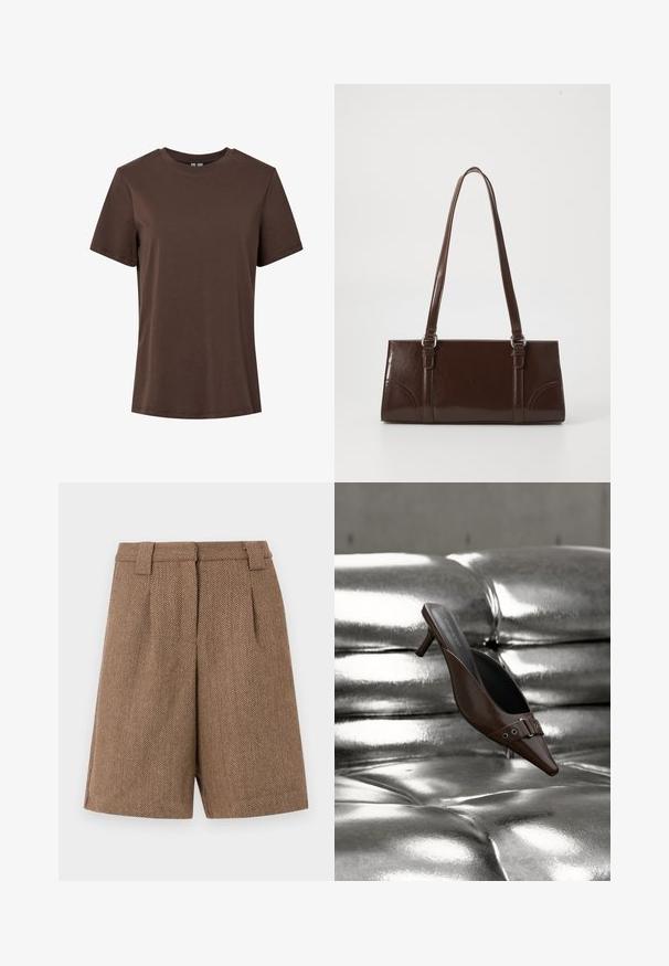Effen bruine korte mouwen, ronde hals, katoenen T-shirt, weergegeven op een witte achtergrond.; Bruine geklede shorts met visgraatmotief, voorzien van riemlussen en voorplooien, tentoongesteld op een effen witte achtergrond.; Bruine mule met hoge hak en puntige neus, voorzien van gespsdetail, zwevend boven een glanzend zilveren, getufte leren oppervlak.; Bruine lakleren handtas met een rechthoekige vorm, twee lange handvatten en subtiele gebogen accenten aan de voorkant.